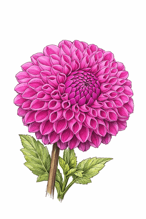 Illustration of a 20th Ave for Mom dahlia variety with green leaves on a white background